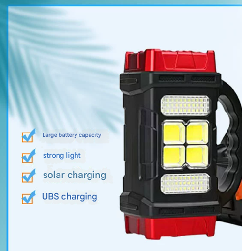 Red Outdoor Flashlight Lantern - Rechargeable LED Searchlight with USB & Solar Charging | Dual-Use Emergency Light for Indoor & Outdoor Camping