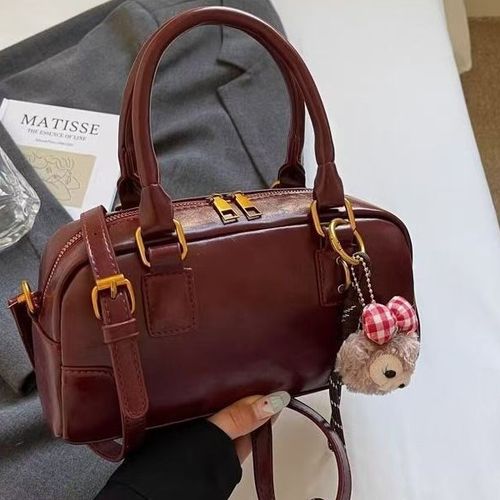 2025 New Burgundy Women's Handbag - Stylish High-End Bowling Boston Bag | Versatile for Commute (Top-Handle, Shoulder & Crossbody)