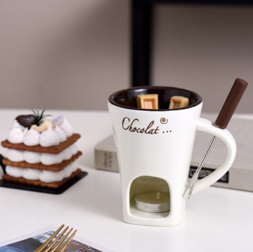 White Ceramic Candle-Heated Pot with Fork - Multi-Functional Chocolate Melter, Cheese Warmer & Soup Bowl | Dual-Handle Hot Pot for Restaurant & Home Use
