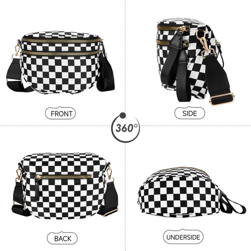 Black & White Checkered New Women's Crossbody Bag - Stylish Plaid Fanny Pack with Removable Wallet | Large Capacity, Nylon Waist Strap & Shoulder Strap Included