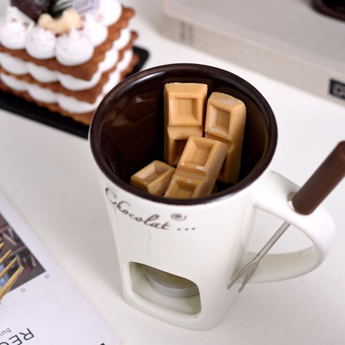 White Ceramic Candle-Heated Pot with Fork - Multi-Functional Chocolate Melter, Cheese Warmer & Soup Bowl | Dual-Handle Hot Pot for Restaurant & Home Use