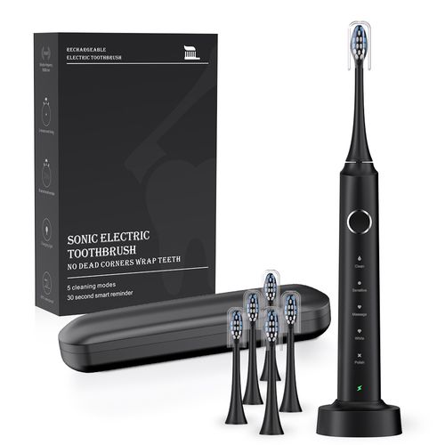 Onyx Black Sonic Toothbrush - AutoSense™ Wireless Charging w | 5 Modes & 6 Brush Heads | IPX7 Waterproof (Set-&-Forget System)