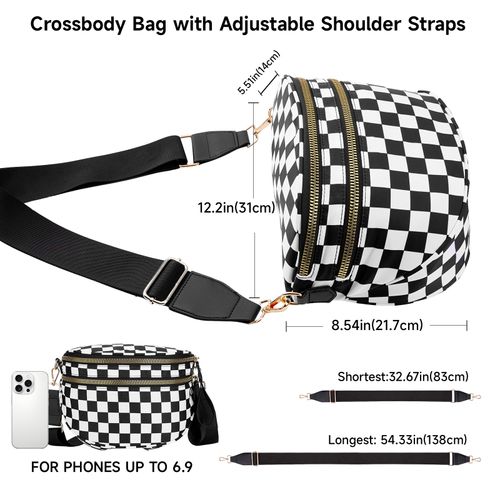 Black & White Checkered New Women's Crossbody Bag - Stylish Plaid Fanny Pack with Removable Wallet | Large Capacity, Nylon Waist Strap & Shoulder Strap Included