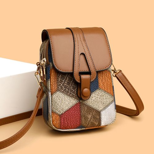 Women's Crossbody Phone Bag - Creative Stylish Luxury Mini Pouch | Multi-Compartment Zip Shoulder Bag, Versatile Elegant Vertical Design in Soft Leather, Random Irregular Blue & Brown Tones