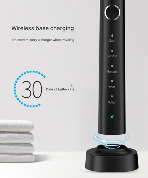 Onyx Black Sonic Toothbrush - AutoSense™ Wireless Charging w | 5 Modes & 6 Brush Heads | IPX7 Waterproof (Set-&-Forget System)