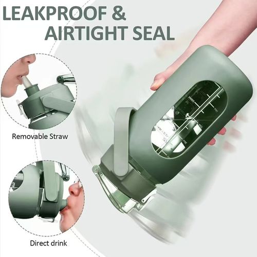 2000ml Oversized Adventure Tumbler - Borosilicate Glass w | Shock-Absorbing Sleeve, Dual Lid & Carry Handle (Forest Green)