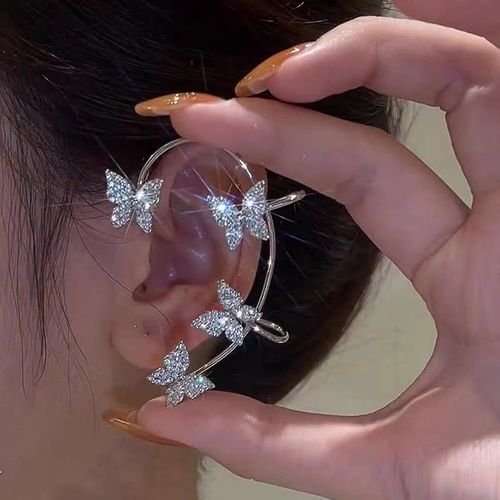 （Left ear only）Dazzling Crystal Butterfly Ear Climber - Silver Ear w  | Diamond-Cut Sparkle | Ethereal Kawaii Vibes