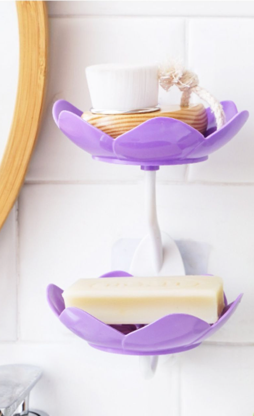 Romantic Purple Lotus Soap Dish - No-Drill Wall-Mounted Double-Layer Soap Holder | Easy-to-Install Flower-Shaped Soap Tray with Drainage for Bathroom