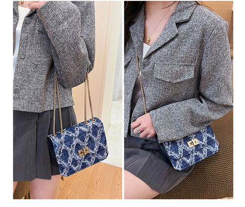 Blue Stylish Color-Block Quilted Crossbody Bag - Retro Washed Denim Mini Square Bag with Chain | Elegant Women's Handbag with Unique Vibe