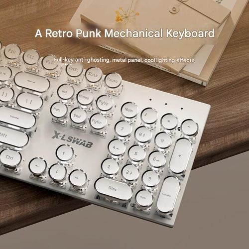 Silver-White Mechanical Keyboard with White Backlight (E104) - Retro Punk Style | Office & Gaming Optimized, Smooth Typing, High-Tech Vibe