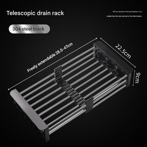 Black Thickened 304 Stainless Steel Drain Rack - Retractable Kitchen Sink Organizer | Portable Storage Rack for Fruits, Veggies, Dishes & Bowls