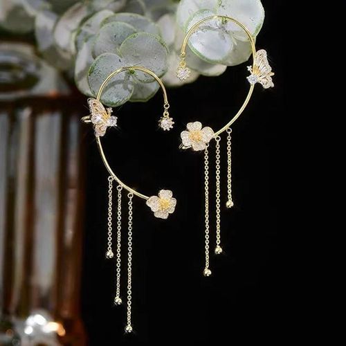 A pair of new gold butterfly tassel earrings—minimalist design, luxuriously lightweight, and inlaid with dazzling gemstones | Stylish tassel earrings, fashionable and trendy