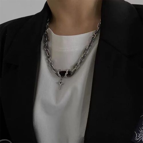 New Cross Necklace - Simple and Unique Design with Black Zircon Starlight | High-Quality Titanium Steel Clavicle Necklace, Suitable for Both Men and Women
