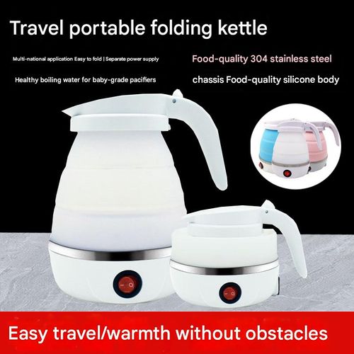 White Portable Foldable Electric Kettle - Multifunctional Travel Water Heater with Automatic and Keep-Warm Functions | Silicone foldable design for compact storage, perfect for travel