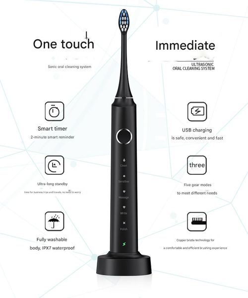 Onyx Black Sonic Toothbrush - AutoSense™ Wireless Charging w | 5 Modes & 6 Brush Heads | IPX7 Waterproof (Set-&-Forget System)