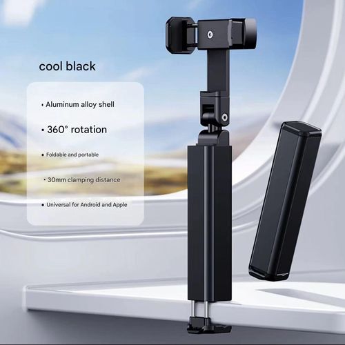 360° Adjustable Aluminum Stand - Obsidian Black Travel Phone Holder w | Foldable Magic Clip | Universal Lazy Mount for Desk | Car | Bed
