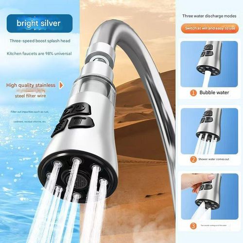 Silver-plated stainless steel granular filter faucet with 360° rotatable multi-function water filter | Kitchen sink splashback and faucet extender | Fits 22mm universal connector for home use