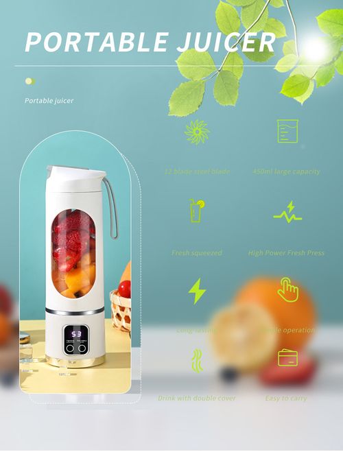 White Portable Juicer - Mini Blender for Making Smoothies Anytime, Anywhere, 500ml Personal Size, with Wireless Charging
