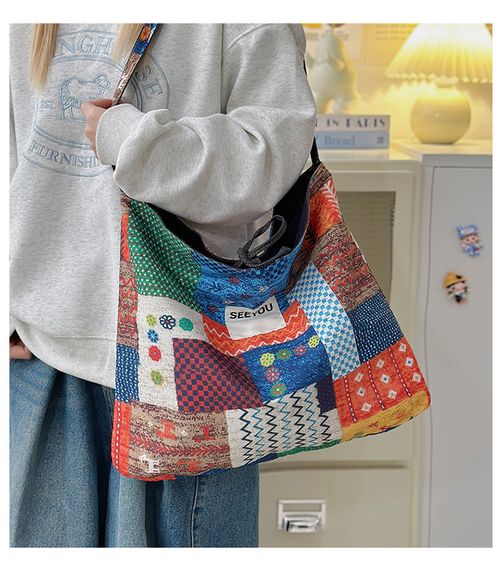 2025 New Niche Retro Contrast Color Canvas Tote for Women - Ethnic Style Large-Capacity Shoulder Bag with Double-Sided Reversible Design