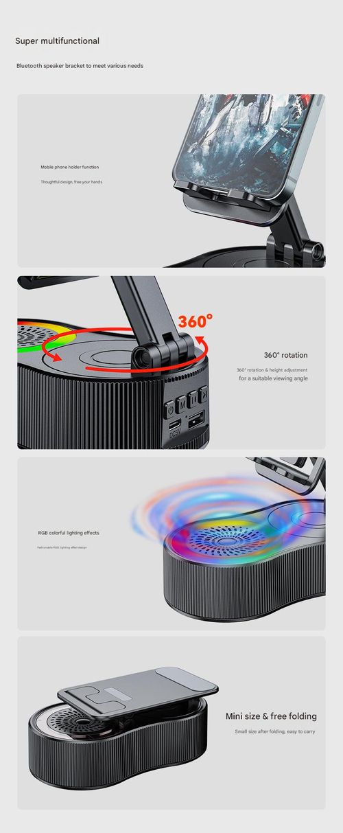 Black Ultra-Portable 360° Desktop Buddy - Rotating Phone Holder with Power Bank, Bluetooth Speaker and Ambient Light | Mini Space-Saving, Suitable for Travel Office