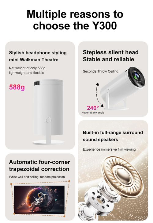 TrueHD Portable Projector - HY300 1080p 250-Lumen Cannon Design | Auto Keystone for Day |Night Wall Clarity