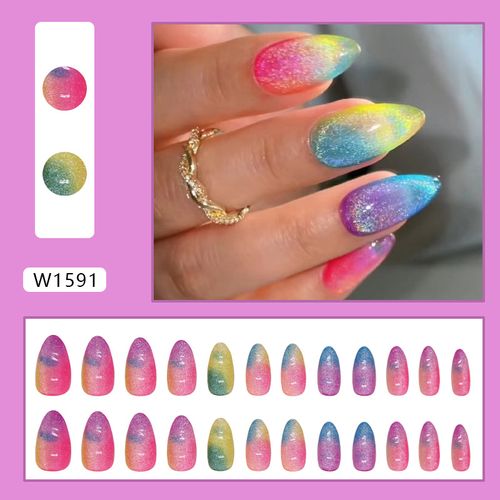 24-PC Cat-Eye Press-On Nails - Glue-On Dreamy Gradient Set w| Damage-Free Removal | Reusable Candy Colors