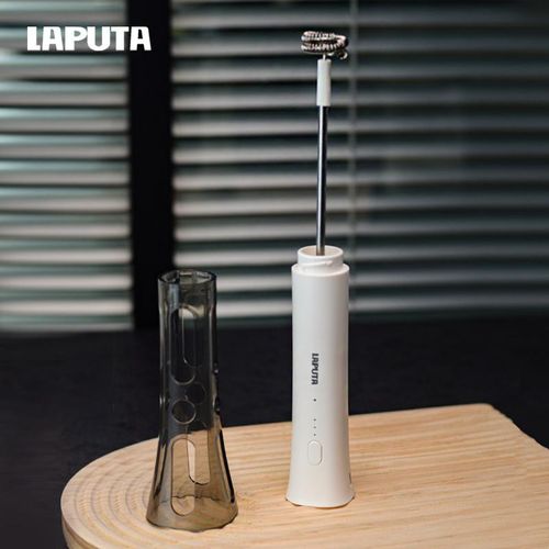 LAPUTA Electric Milk Frother - Fully Automatic | Dual-Head Design | Hands-Free Milk Frother and Stirring Tamper, White | Portable for Home, Travel, and Cafés