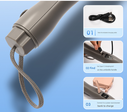 All-in-One Cooling Sun Umbrella: Built-in Fan, Mist Spray & Water Bottle - USB Rechargeable, Long Handle, UPF 50+ (Blue)