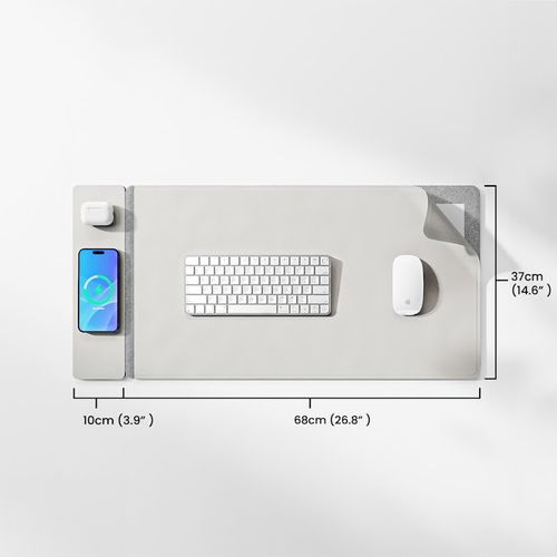 Magnetic Wireless Charging Mouse Pad S1300 - 15W Fast Dual Charger for Phone & Earbuds, Light Grey Felt & PU Leather Desk Mat