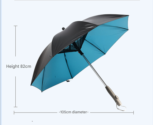 All-in-One Cooling Sun Umbrella: Built-in Fan, Mist Spray & Water Bottle - USB Rechargeable, Long Handle, UPF 50+ (Blue)