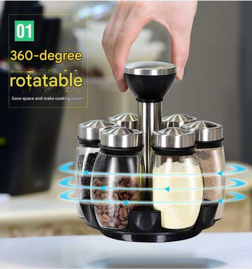 7-Piece Glass Spice Jar Set for Home - Efficient Rotating Spice Organizer Kit | All-In-One Revolving Storage Case with Seasoning Jars