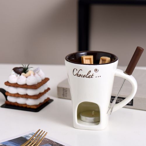 White Ceramic Candle-Heated Pot with Fork - Multi-Functional Chocolate Melter, Cheese Warmer & Soup Bowl | Dual-Handle Hot Pot for Restaurant & Home Use
