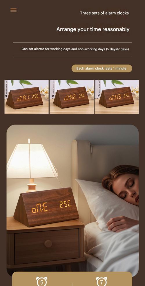 Brown Wood White Light Triangle Retro Silent Wooden Clock - Multifunctional Creative LED Clock | Desktop Digital Alarm Clock with Electronic Temperature and Humidity