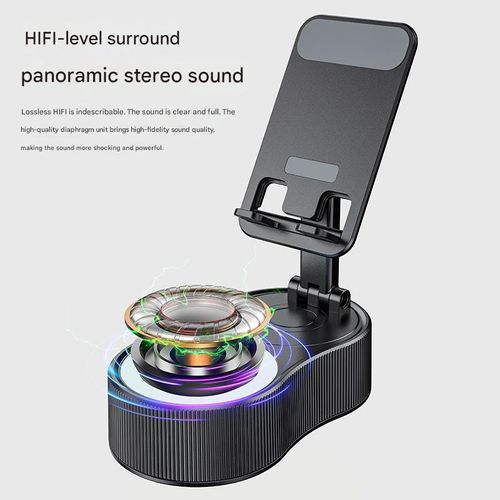 Black Ultra-Portable 360° Desktop Buddy - Rotating Phone Holder with Power Bank, Bluetooth Speaker and Ambient Light | Mini Space-Saving, Suitable for Travel Office