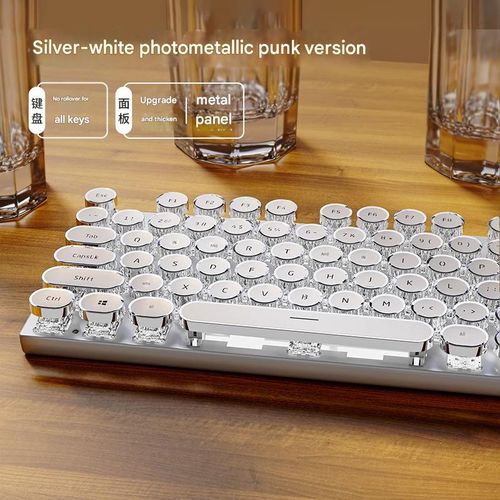 Silver-White Mechanical Keyboard with White Backlight (E104) - Retro Punk Style | Office & Gaming Optimized, Smooth Typing, High-Tech Vibe