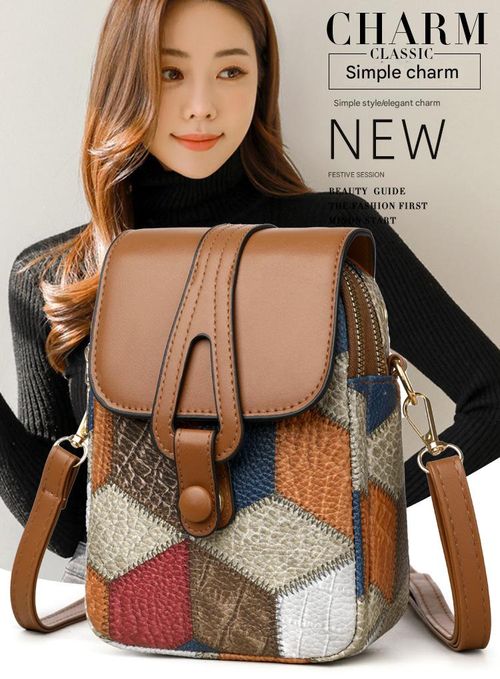Women's Crossbody Phone Bag - Creative Stylish Luxury Mini Pouch | Multi-Compartment Zip Shoulder Bag, Versatile Elegant Vertical Design in Soft Leather, Random Irregular Blue & Brown Tones