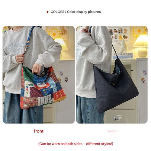 2025 New Niche Retro Contrast Color Canvas Tote for Women - Ethnic Style Large-Capacity Shoulder Bag with Double-Sided Reversible Design