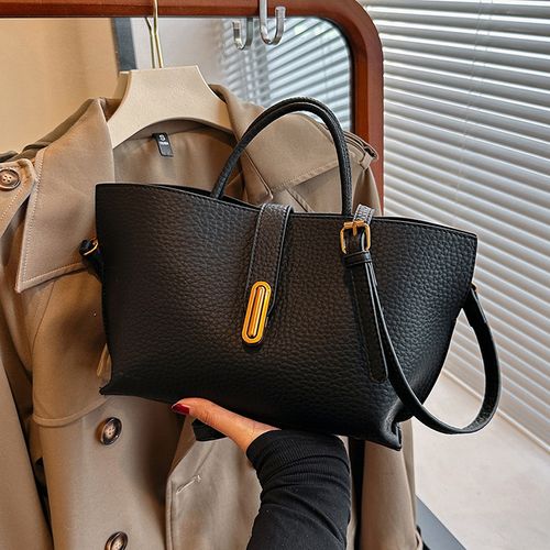 Spacious Black PU Tote Bag - Korean Textured Leather Bag with Adjustable Shoulder Strap | SS25 Vintage Commuter Essential Bag for Women
