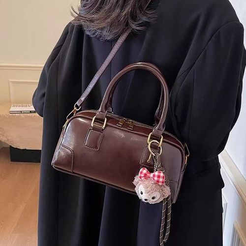 2025 New Burgundy Women's Handbag - Stylish High-End Bowling Boston Bag | Versatile for Commute (Top-Handle, Shoulder & Crossbody)