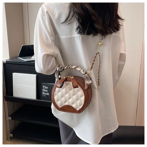 New Brown and Cream Diamond Check Shoulder Bag - A stylish and versatile small round tote | A timeless and elegant bag on trend