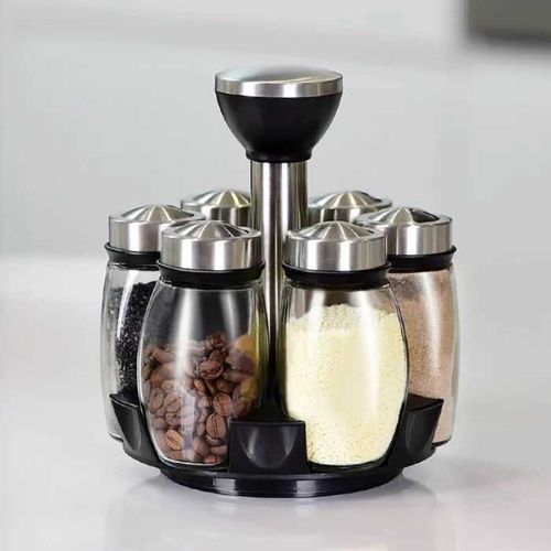 7-Piece Glass Spice Jar Set for Home - Efficient Rotating Spice Organizer Kit | All-In-One Revolving Storage Case with Seasoning Jars
