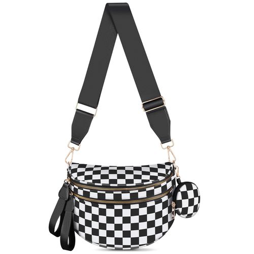 Black & White Checkered New Women's Crossbody Bag - Stylish Plaid Fanny Pack with Removable Wallet | Large Capacity, Nylon Waist Strap & Shoulder Strap Included