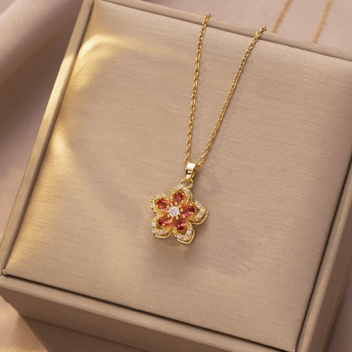Orange & White Bauhinia Rotatable Necklace for Women - Dainty Zircon Flower Necklace with Spinning Design | Unique Rotatable Zircon Clavicle Chain, Fashionable Jewelry