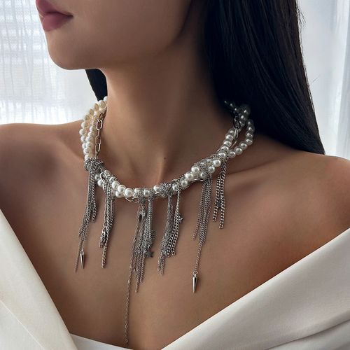 「Runway Fringe Statement」- Oversized Tassel Necklace w| Minimalist Heart Pearl | 24K Gold-Tone Alloy Chain