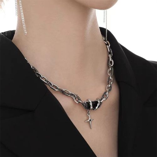 New Cross Necklace - Simple and Unique Design with Black Zircon Starlight | High-Quality Titanium Steel Clavicle Necklace, Suitable for Both Men and Women