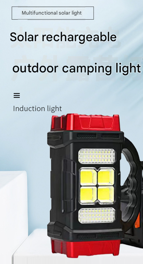 Red Outdoor Flashlight Lantern - Rechargeable LED Searchlight with USB & Solar Charging | Dual-Use Emergency Light for Indoor & Outdoor Camping