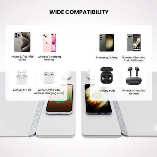 Magnetic Wireless Charging Mouse Pad S1300 - 15W Fast Dual Charger for Phone & Earbuds, Light Grey Felt & PU Leather Desk Mat