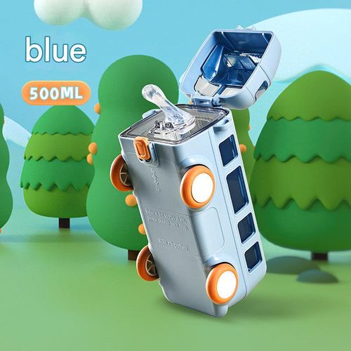 500ml Large Capacity Tritan Kids Water Bottle -  Sip & Straw Cup with Cartoon Bus Design (Blue, Portable Gift)