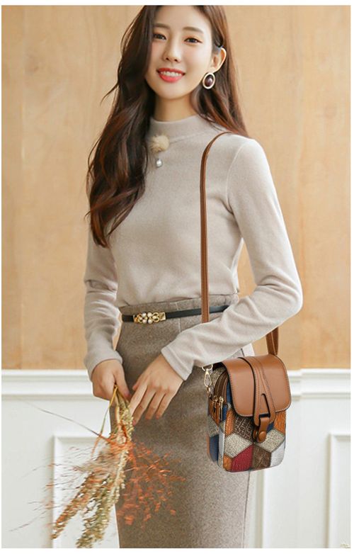 Women's Crossbody Phone Bag - Creative Stylish Luxury Mini Pouch | Multi-Compartment Zip Shoulder Bag, Versatile Elegant Vertical Design in Soft Leather, Random Irregular Blue & Brown Tones