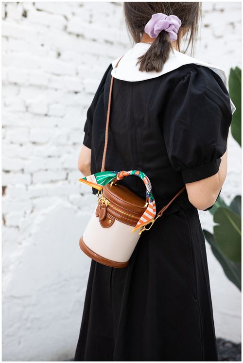 Amber Barrel Satchel 2025: Bucket Bag - Silk Twill Trim (Crossbody and Handbag)